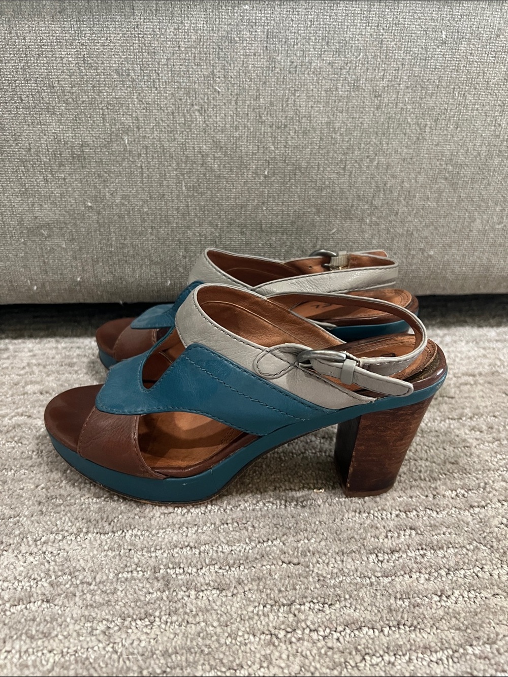 Blue Brown and Grey Leather Women's Block Heel Sandals